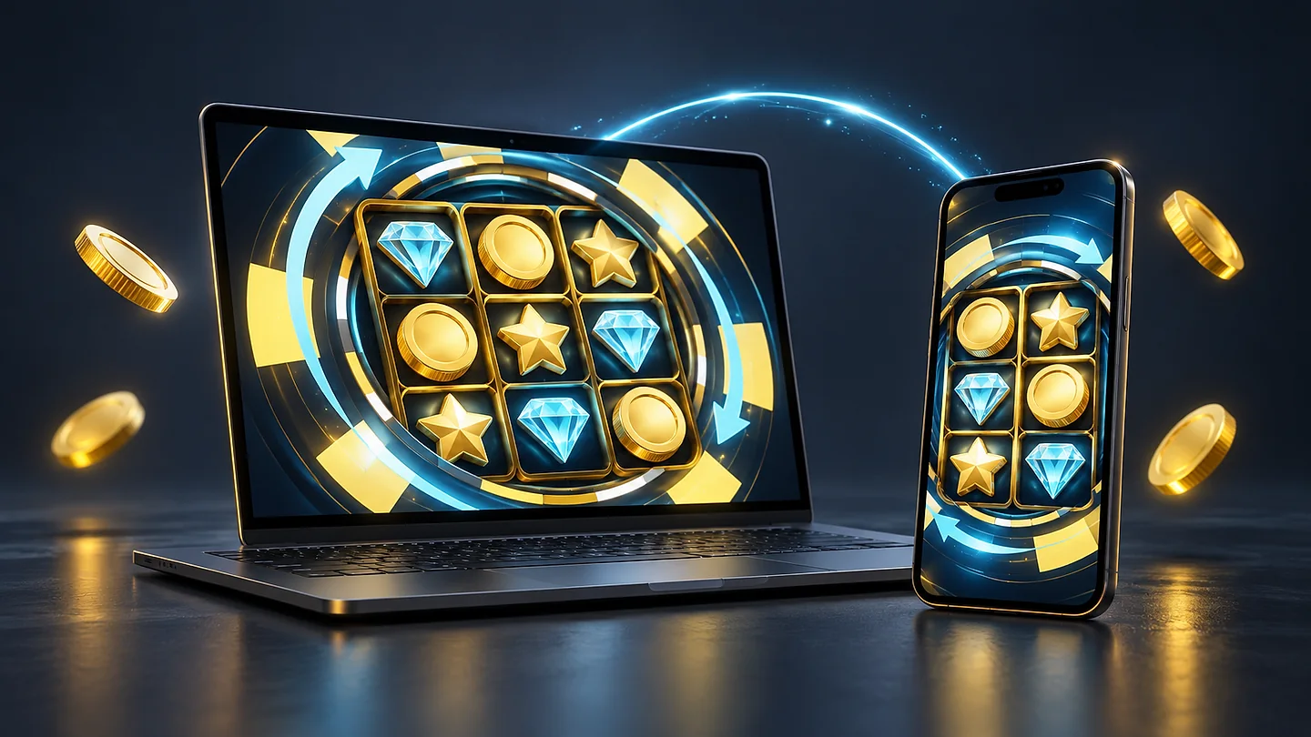 Laptop and phone displaying matching gem and coin artwork, linked by a blue light arc.