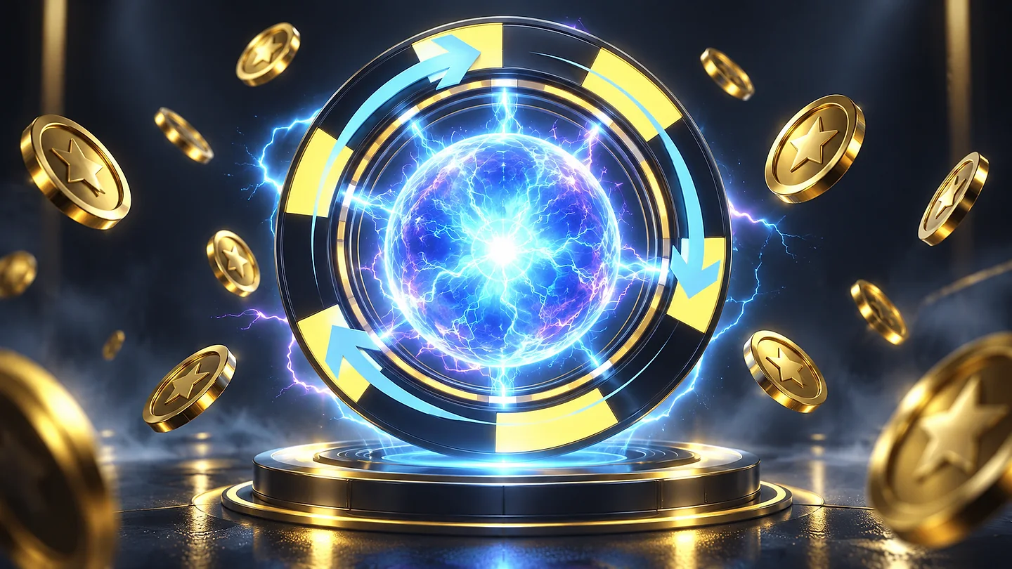 Glowing electric sphere inside a metallic ring, surrounded by lightning and gold coins.